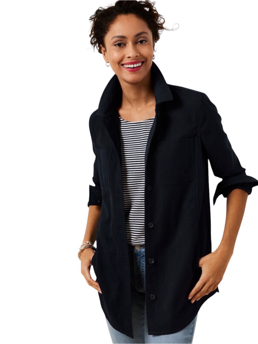 Talbots Navy Button-Front Textured Weave Longline Shirt Jacket Shacket Sz Small